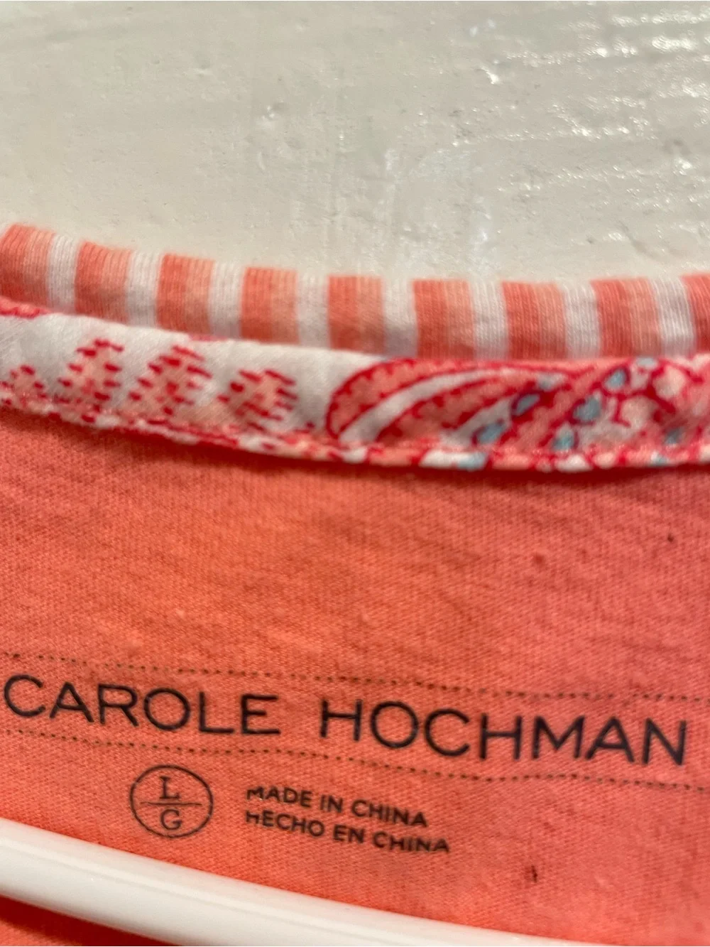 🌸 Carole Hochman Coral Pink Striped Trim V-Neck Pajama Top L 🌸
